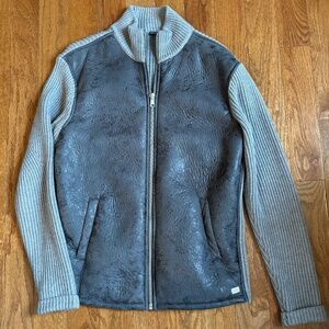 Men’s distressed faux leather zippered sweater jacket,